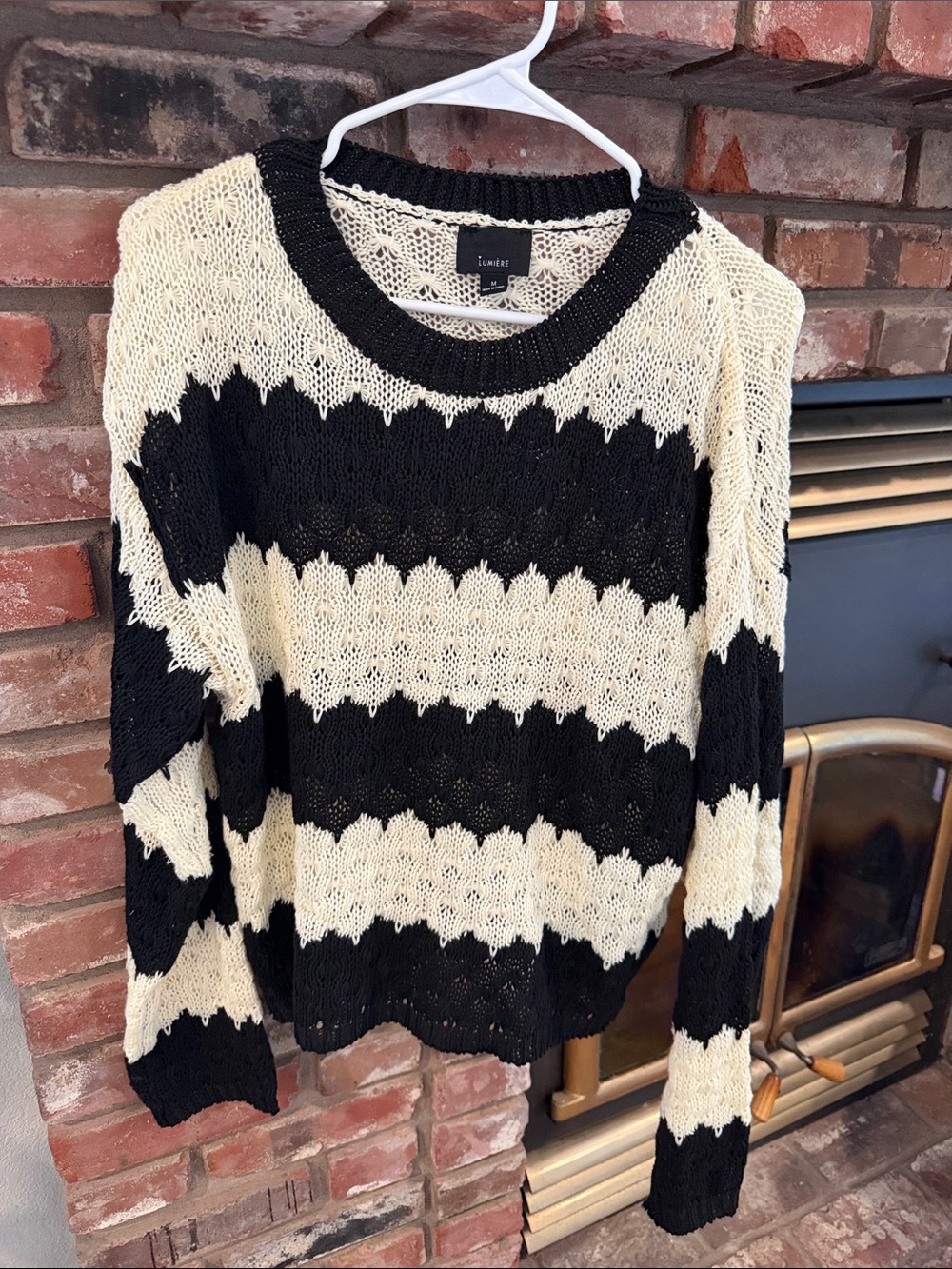 Lumiere Black and Cream Open-Knit Striped Crewneck Sweater